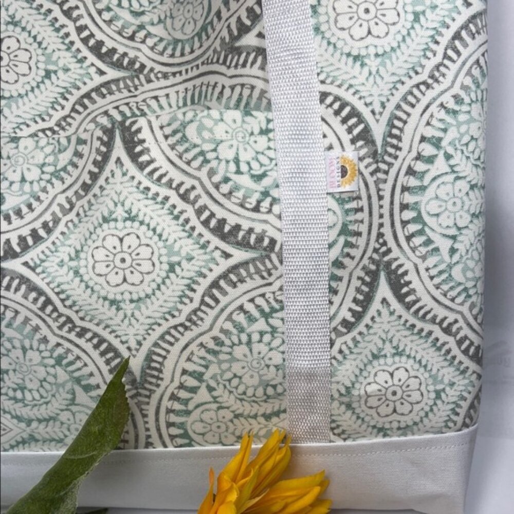 White and Turquoise Mandela Pattern Fabric Tote Bag Stylish Patterned Tote Bag - Picture 5 of 7